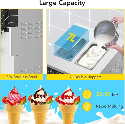Vista 5 de Máquina de helado comercial suave, 3 sabores, capacidad de 14 L, panel LCD, compresor ompresor eléctrico para helados, ideal para restaurantes