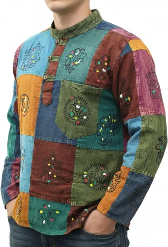 Vista 8 de Shopoholic Fashion Mens Boho Patchwork Cotton Long Sleeves Stonewashed Mandarin Collar Hippie Summer Festivals Shirt