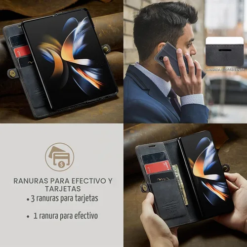 Vista 6 de Funda de cuero tipo cartera con tapa para Samsung Galaxy Z Fold4, con tarjetero y cierre magnético, a prueba de golpes, con soporte plegable, funda
