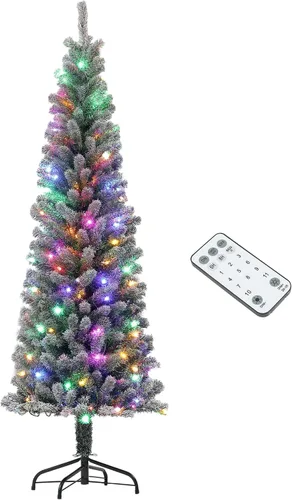 Vista 13 de HOMCOM Árbol de Navidad artificial preiluminado de 1.5 m en forma de lápiz, decoración festiva con 250 ramas superficiales coloridas, 150 luces LED