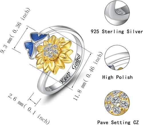 Vista 7 de oGoodsunj Anillo antiansiedad de plata esterlina 925 para mujer girasol abeja mariquita mariposa giratorio anillos tranquilos regalos de joyería