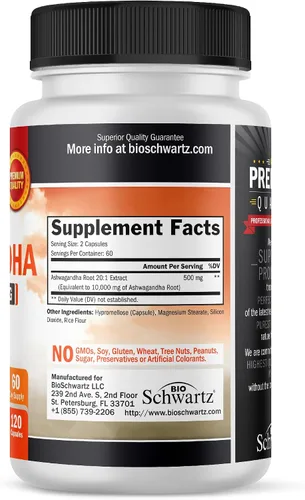 Vista 2 de BioSchwartz Ashwagandha Supplements - Cápsulas de Ashwagandha extra fuertes de 500 mg por porción, sin gluten, sin OMG, fabricadas en los Estados