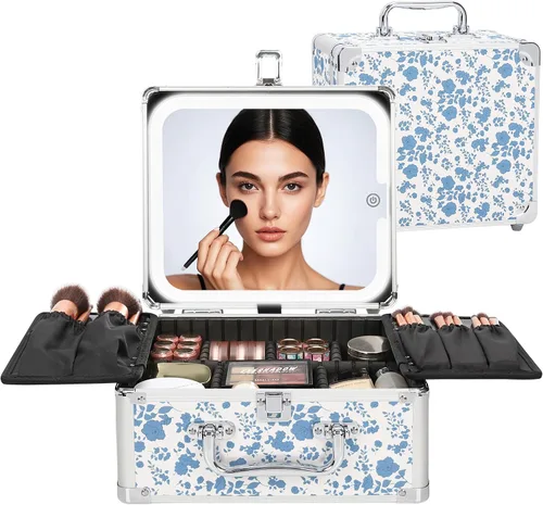 Vista 17 de Relavel - Bolsa de maquillaje con espejo LED, estuche de maquillaje para viajes en tren con espejo iluminado recargable y divisores ajustables Negro