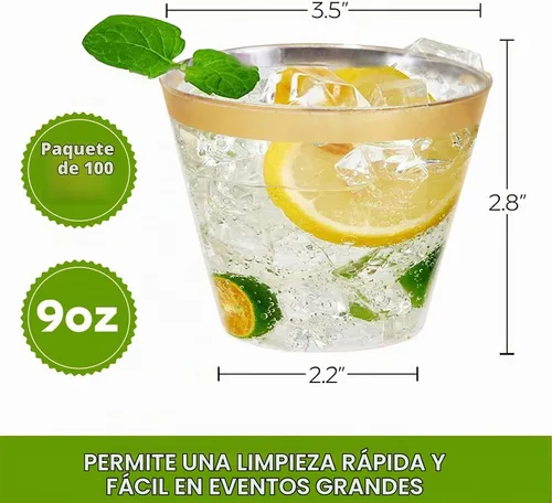 Vista 2 de Tobvory Paquete de 100 vasos de plástico con borde dorado, vasos de plástico duro transparente de 9 onzas, vasos desechables de alta calidad