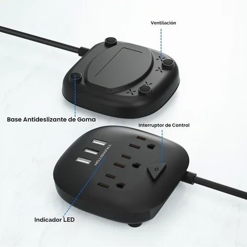 Vista 4 de Regleta de alimentación de 3 tomas y 3 puertos USB con control de interruptor, estación de carga de escritorio con cable de extensión de 5 pies