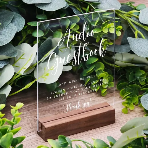 Vista 2 de Letrero de libro de invitados de audio para boda con soporte de madera - 5" x 7" aspecto de cristal transparente, letrero de libro de invitados