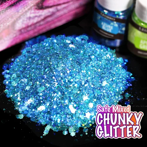 Vista 2 de LEOBRO Purpurina gruesa holográfica, 15 colores para resina, cuerpo de uñas, joyería y manualidades, con 5 cucharas mezcladoras