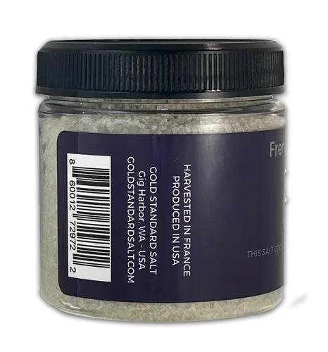 Vista 4 de Sal de acabado gris francés certificado Kosher, gris claro, grano medio, acabado europeo, 4 onzas, uso como está o en un molinillo.
