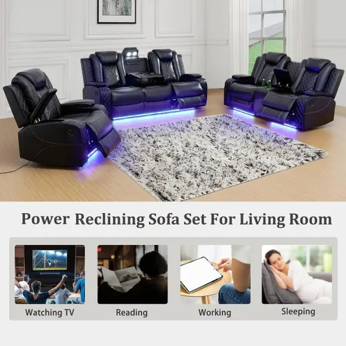 Vista 9 de Juego de sofá reclinable eléctrico, sofás reclinables de cuero negro, 3 piezas de sofá reclinable de cuero de aire y silla de dos plazas con luces