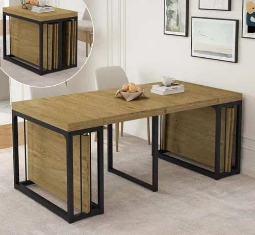 Vista 10 de KEIKI Mesa de comedor plegable extensible de 23.62 a 118 pulgadas de largo para 2 a 10 personas, muebles de madera moderna y rústica rectangular