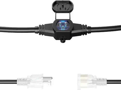Vista 5 de Cable de Extensión de Corriente de 25 Pies con 3 Clavijas, Cable SJTW Calibre 12 5-15R de Enchufe Macho a Conector Hembra, 7 Tomacorrientes