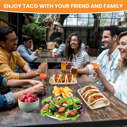 Vista 7 de 25 soportes desechables para tacos para fiestas, platos de taco de fibra de pulpa de bagazo con 3 divisores, soporte para bandeja de tacos