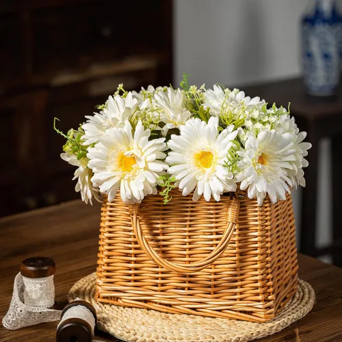 Vista 8 de TOPIA Ramo de margaritas de gerberas artificiales de seda blanca, 10 tallos que combinan con flores silvestres