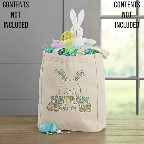 Vista 2 de Personalization Universe Bolsas de lona personalizadas de conejo de Pascua, para la primera Pascua o búsqueda de huevos, bordadas con cualquier