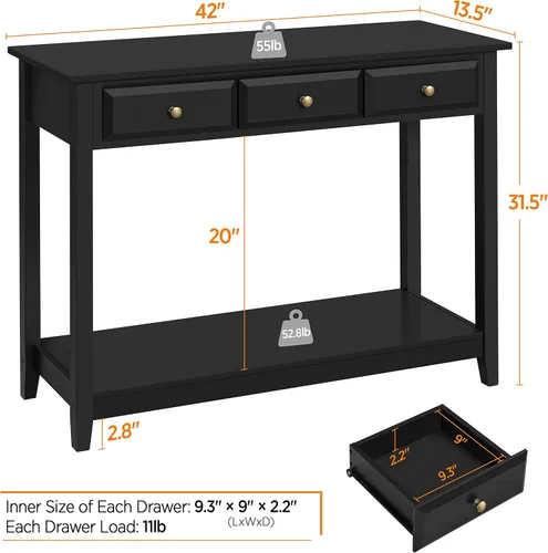 Vista 3 de Topeakmart Mesa consola con estante de almacenamiento y 3 cajones, mesa de sofá de 2 niveles para entrada/pasillo/sala de estar, material de madera