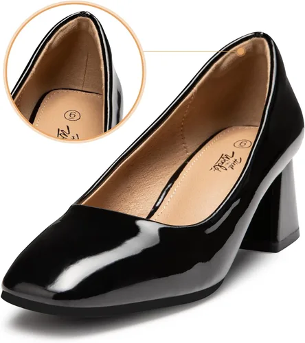 Vista 5 de Heel The World Zapatos de tacón bajo y grueso para mujer, zapatos de vestir de charol con punta cuadrada para fiesta, oficina