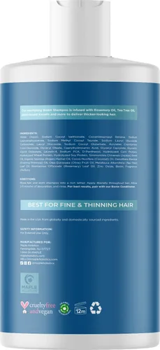 Vista 4 de Biotin Champú voluminizador para cabello fino y adelgazante, sin sulfato con aceites de árbol de té y romero, además de vitaminas para el cabello