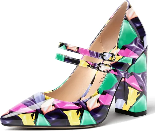 Vista 31 de MERRORI Vestido sólido con correa ajustable para mujer, con hebilla de patente, puntera puntiaguda, tacón alto, zapatos de 4 pulgadas Beige