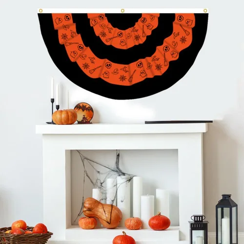 Vista 3 de JPORSHU Paquete de 5 banderas plisadas de Halloween para exteriores, fantasma, medio ventilador, ojales de banderines de otoño de 3 x 1.5 pies