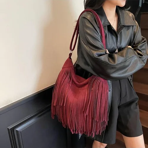 Vista 5 de Bolso hobo vintage con flecos, bolso cruzado de gamuza occidental para mujer, bolso de hombro bohemio y bolso de mano vaquera