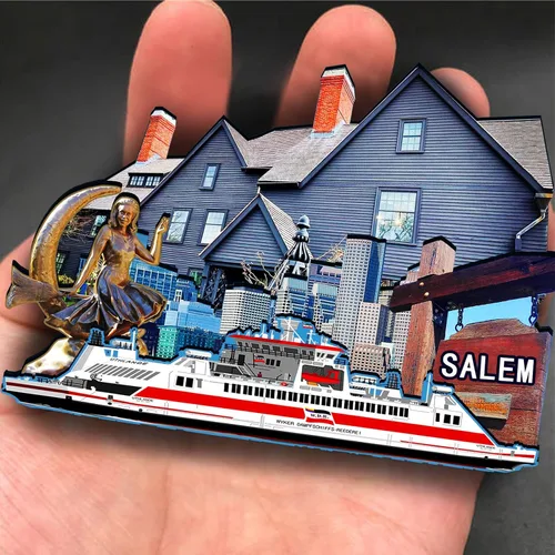 Vista 4 de Imán de madera de Salem de EE. UU. 3D para nevera, recuerdos coleccionables, decoraciones artesanales hechas a mano