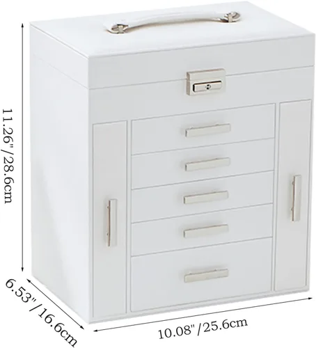 Vista 6 de ANWBROAD Caja organizadora de joyas Caja de joyería para mujer con cerradura de 6 niveles Caja de almacenamiento de joyería blanca para aretes