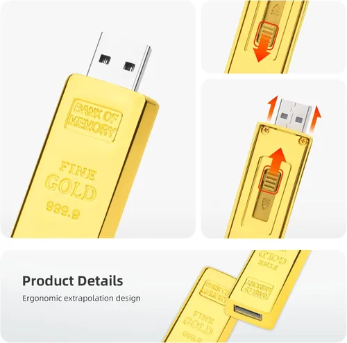 Vista 4 de BorlterClamp - Unidad flash USB de 32 GB con forma de barra dorada, unidad USB divertida para almacenamiento externo de datos