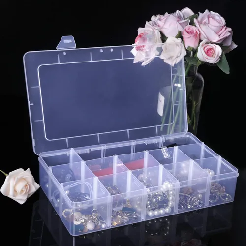 Vista 4 de Gospire Organizador de joyería Caja de almacenamiento de plástico transparente con 15 grandes rejillas con divisores extraíbles