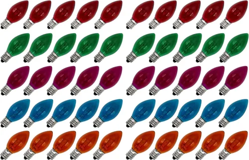 Vista 7 de Creative Hobbies Paquete de 25 bombillas de Navidad multicolor transparentes C7, incandescentes de combustión constante de 7 W, base de candelabro
