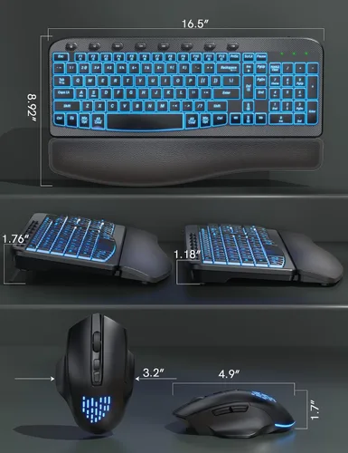 Vista 8 de SABLUTE Combo de teclado y mouse inalámbrico ergonómico, MA12Pro Wave teclado con reposamuñecas de cuero para escribir cómodamente, retroiluminación