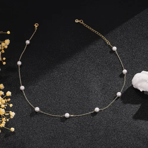 Vista 7 de Gargantilla de perlas para mujer, delicada cadena de perlas chapada en oro de 14 quilates, joyería de oro simple y moderna, regalo para niñas
