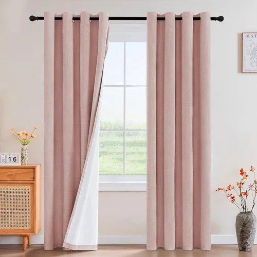 Vista 54 de Cortinas con textura de lino 100% opacas de 64 pulgadas de largo, juego de 2 paneles de cortinas de lino opacas con forro aislante térmico que Arena