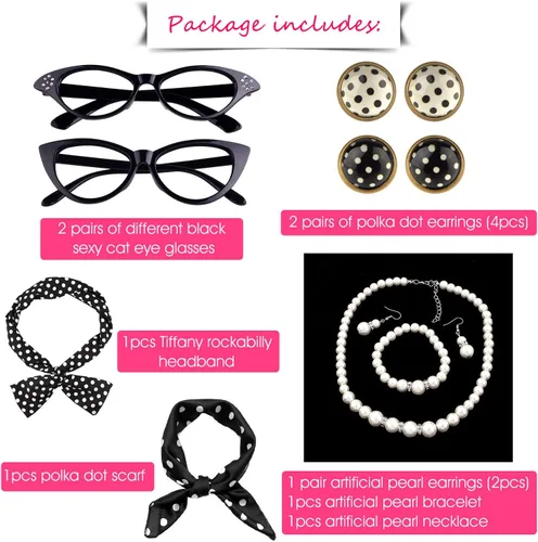 Vista 5 de TUPARKA Juego de 12 accesorios de disfraz de los años 50, gafas de ojo de gato, vestido elegante para mujer