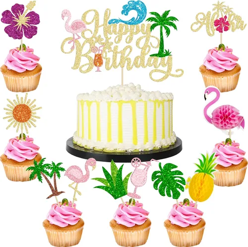 Vista 19 de 36 piezas de adornos para cupcakes de piña verde con purpurina verde para Luau despedida de soltera, fiesta de verano tropical, decoración