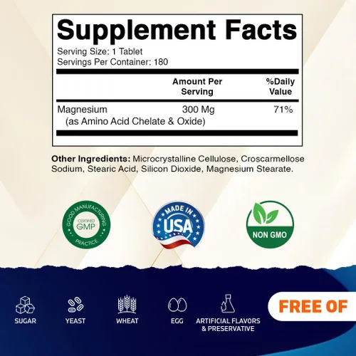 Vista 2 de Vitamatic Magnesio quelatado de 300 mg (por 1 tableta) – 180 tabletas – como quelato de aminoácidos y óxido – Apoya la salud muscular, nerviosa