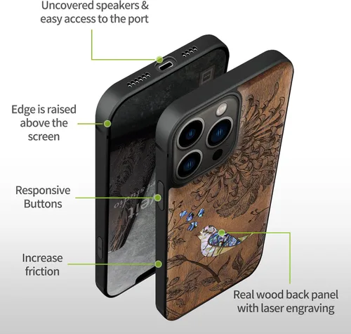 Vista 6 de Carveit Funda protectora de madera de diseñador para iPhone 13 Pro (grabado de madera e incrustaciones de concha) compatible con 13 Pro MagSafe