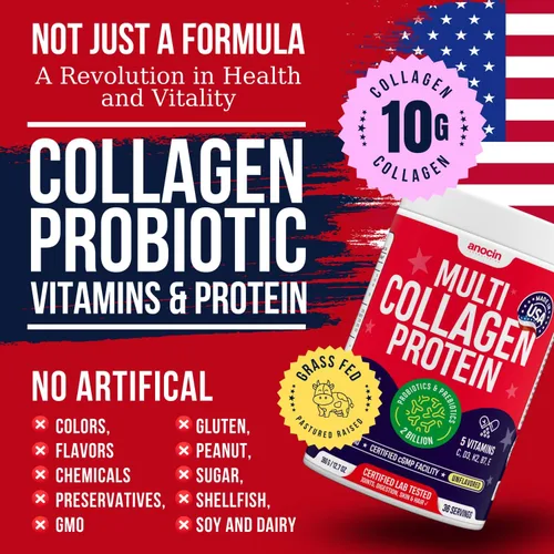 Vista 7 de anocin Péptidos de colágeno múltiple con prebióticos + probióticos + tipo I, II, III, V, X + polvo de colágeno hidrolizado con vitamina C+D3+B7+K2+E