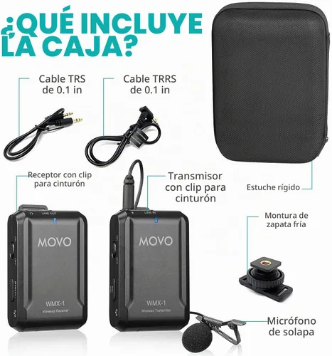 Vista 4 de Movo WMX-1 Sistema de micrófono inalámbrico Lavalier de 2.4 GHz compatible con cámaras DSLR, videocámaras, iPhone, teléfonos inteligentes Android