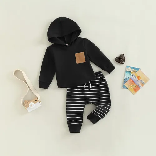Vista 67 de Ropa de bebé niño 3 6 9 12 18 24M 3T Conjunto de pantalones con capucha patchwork sudadera con capucha pantalones de rayas traje de otoño invierno