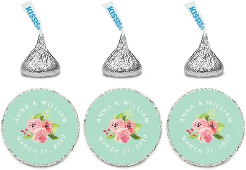 Vista 38 de Andaz Press Etiquetas personalizadas de gota de chocolate para boda, nombres y fecha redondos, turquesa aguamarina, paquete de 240, personalizadas