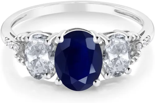 Vista 29 de Anillo de compromiso ovalado de oro blanco de 10 quilates con piedra natal y topacio blanco de 3 piedras con detalles de diamante Centro de 0.315