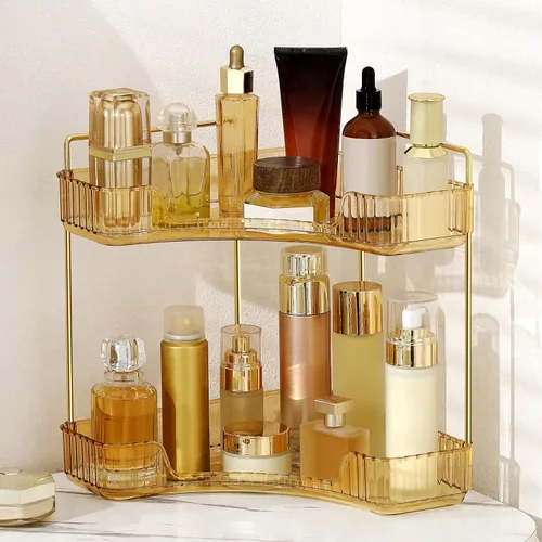 Vista 12 de Organizador de esquina para encimera de baño, estante de baño, organizador de maquillaje para tocador, bandeja de perfume para almacenamiento en Azul