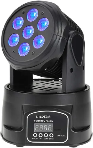 Vista 6 de Lixada Luz de cabeza móvil 7x10W Cabeza móvil 4 en 1 RGBW profesional 9/14 canales DMX-512 DJ luces 100W AC 100-240V sonido activo para KTV Club Bar