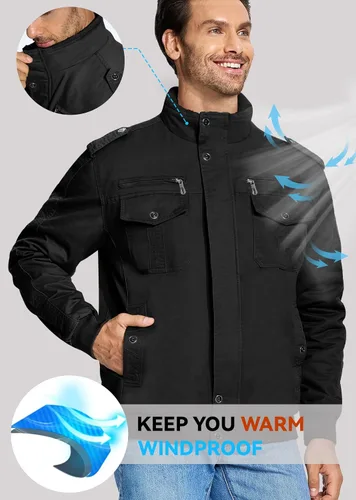 Vista 3 de EKLENTSON Chaqueta térmica gruesa de invierno para hombre con múltiples bolsillos con cremallera frontal forro polar chaqueta militar para hombre