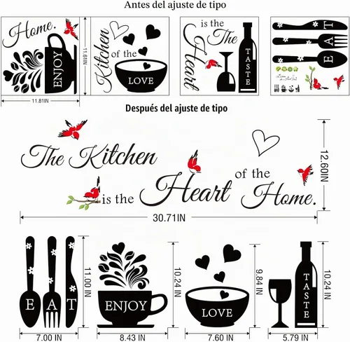 Vista 3 de Calcomanías de pared para cocina, decoración de cocina, el corazón del hogar, decoración de pared con citas, letrero de utensilios de decoración