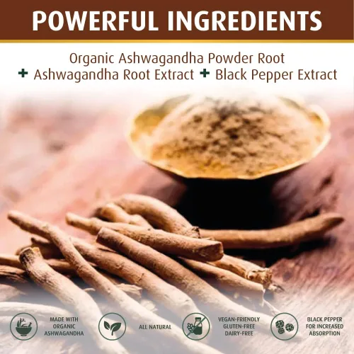 Vista 6 de Ashwagandha Cápsulas 3,000 mg - 120 cápsulas veganas hechas con polvo de Ashwagandha orgánico y extracto de raíz. Sin gluten. Fabricado en Estados