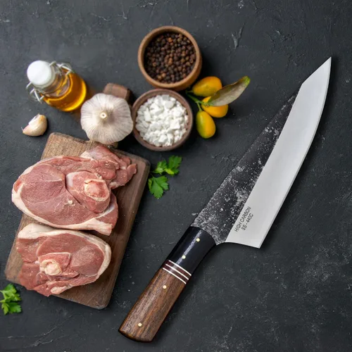 Vista 2 de Knives Ranch Cuchillo de chef rústico hecho a mano, hoja de acero inoxidable de alto carbono 440C de 8-3/8 pulgadas, cuchillo de cocina total