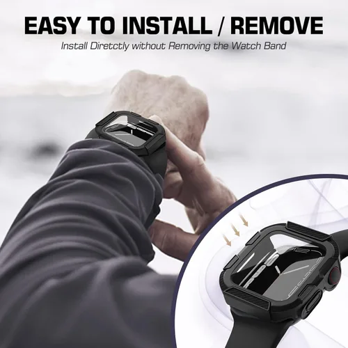 Vista 6 de EDIMENS Paquete de 2 fundas resistentes compatibles con Apple Watch de 1.772 pulgadas Series 9/8/7 con protector de pantalla de vidrio templado