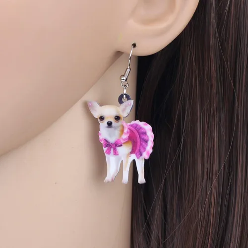 Vista 2 de NEWEI Aretes colgantes de acrílico para perros de Chihuahua Dulce Chihuahua, para mujeres, niños, cachorros, animales, joyería de regalo