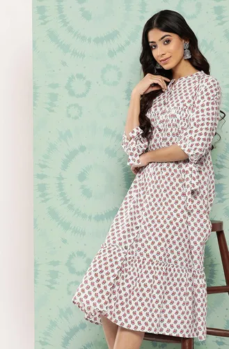 Vista 5 de Janasya Vestido de playa de algodón blanco para mujer, estilo casual, estampado floral, cuello mandarín, bohemio, manga atada, para playa